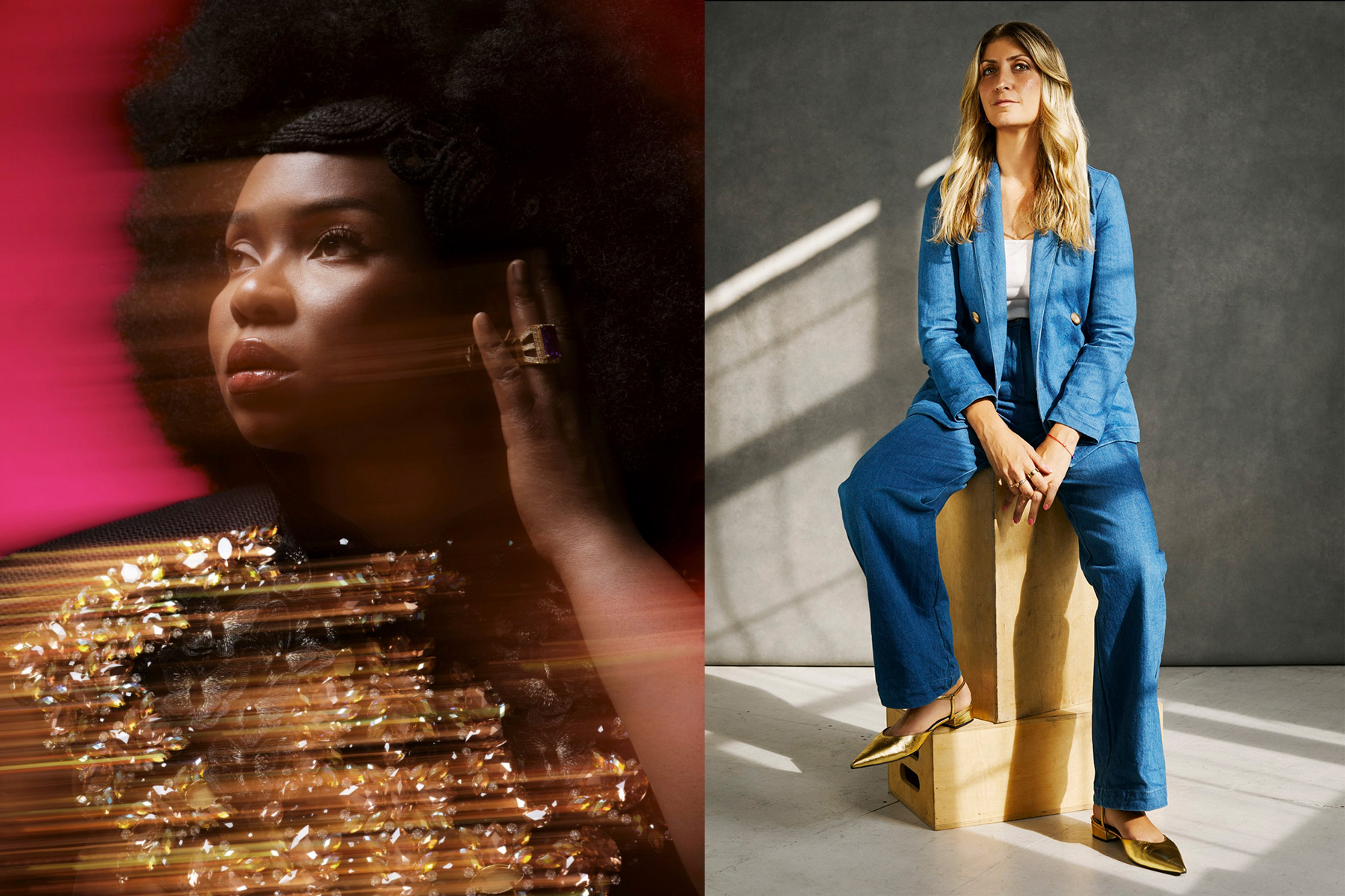 A split image by NYC celebrity portrait photographer Marquis Perkins: on the left, a woman with an afro and sequined top poses against vibrant pink; on the right, a woman in a blue suit sits on wooden boxes in a sunlit studio.