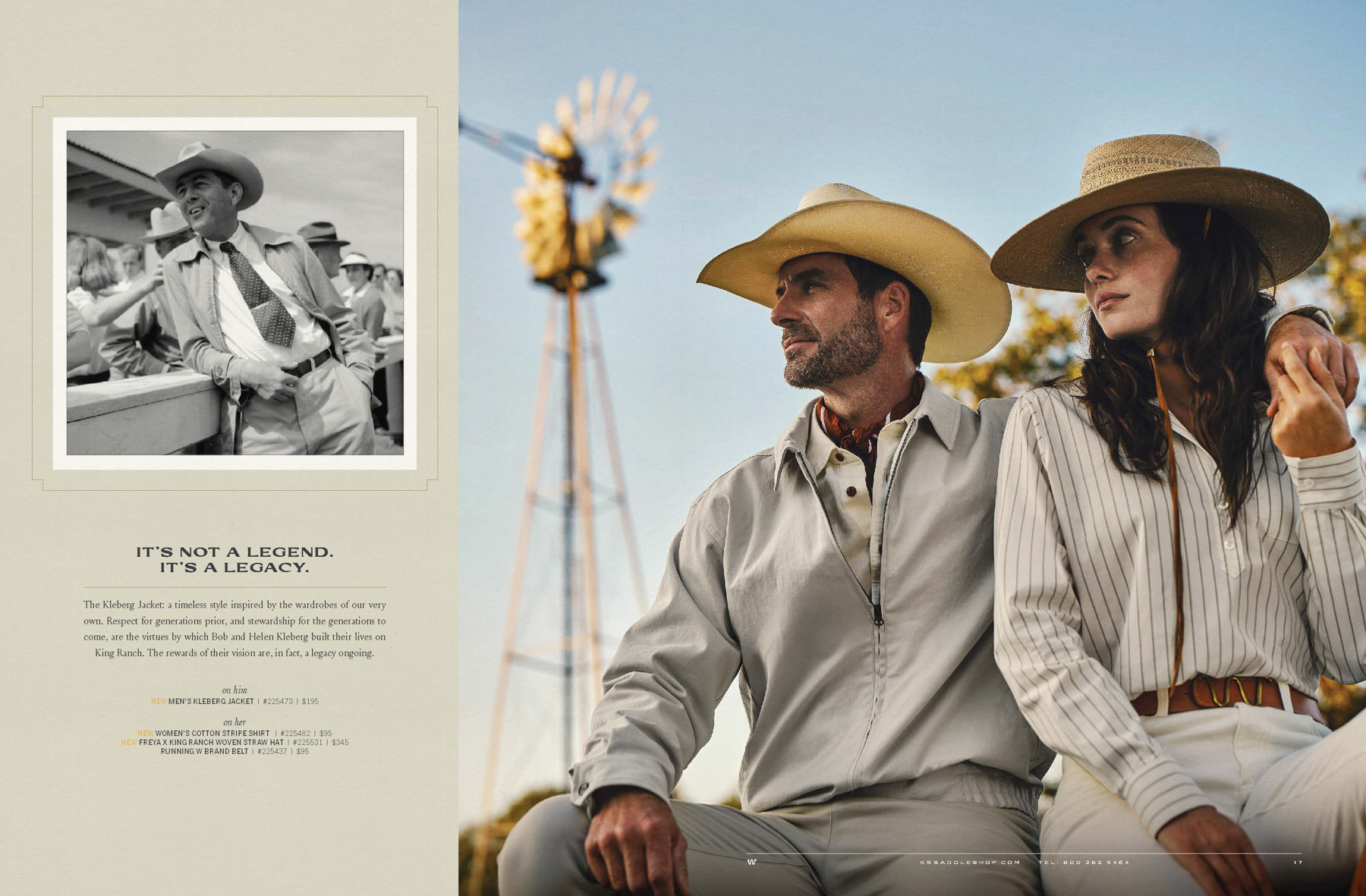 A man and woman in western-style attire sit outdoors near a windmill in Texas, gazing into the distance. An old black-and-white photo of a cowboy is shown on the left, with text about legacy, classic style, and King Ranch Saddle Shop heritage.