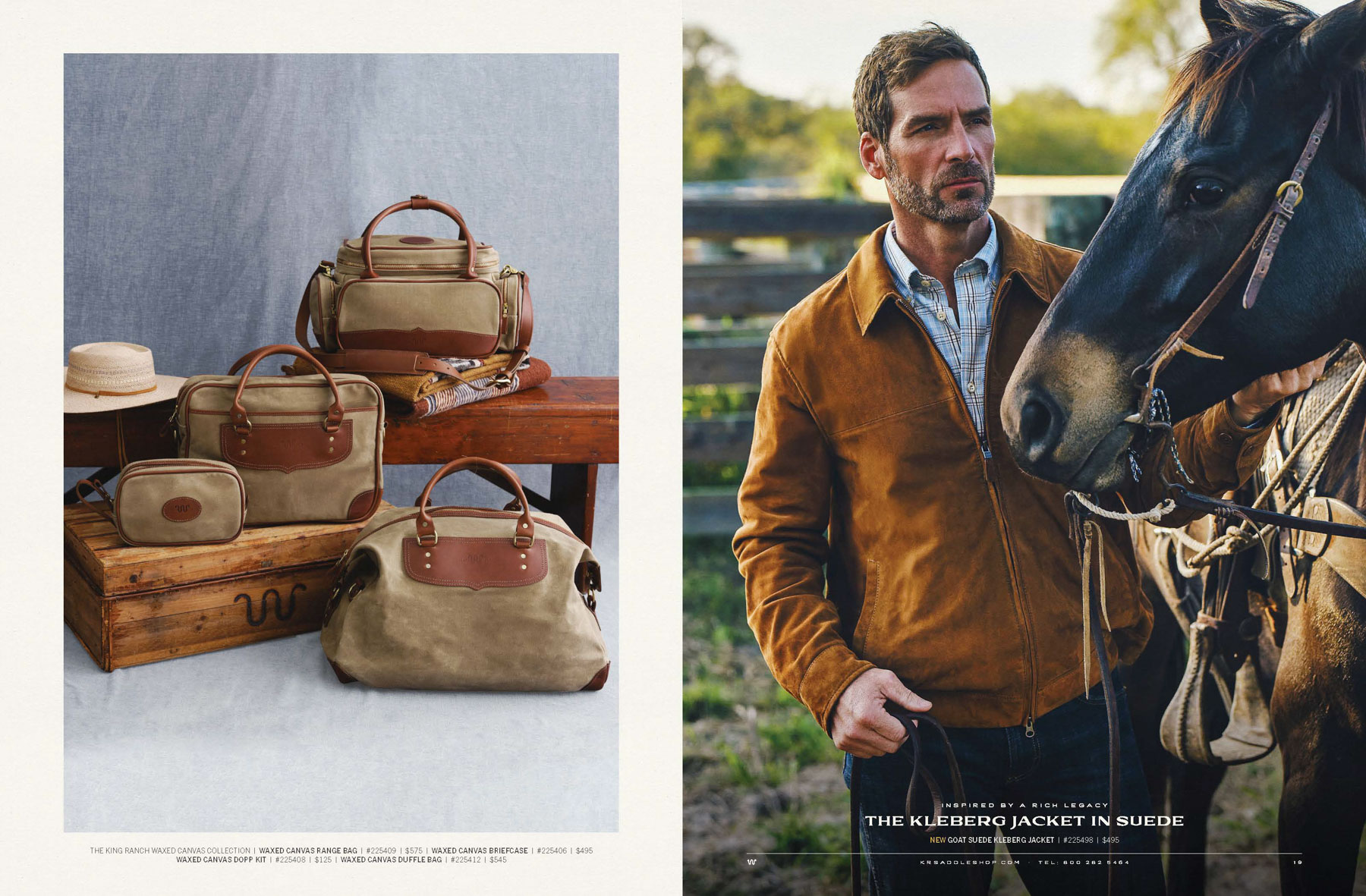 On the left, various tan and brown travel bags from King Ranch Saddle Shop are arranged on wooden crates. On the right, a man in a brown suede jacket stands beside a dark horse, evoking the spirit of Texas as he gazes thoughtfully into the distance.