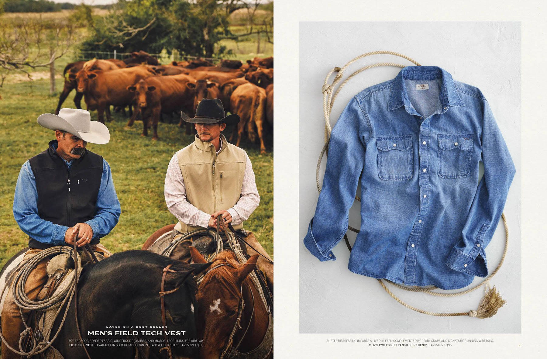 Two men in cowboy hats and vests sit on horses near a herd of cattle in a field (left). On the right, King Ranch Saddle Shop gear—denim shirt, lasso, and gloves—is arranged neatly on a white surface.
