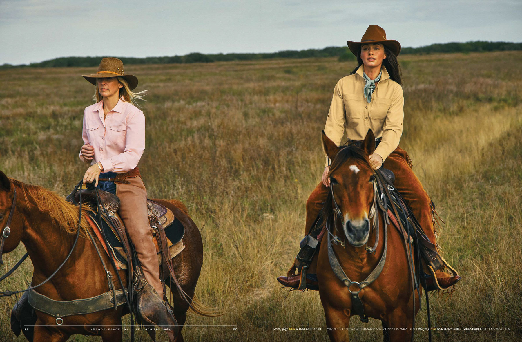 Two women in cowboy hats and western shirts ride horses through a grassy field under a cloudy sky. Captured by fashion photographer Travis Gillett, their focused expressions blend modern style with classic country scenery.
