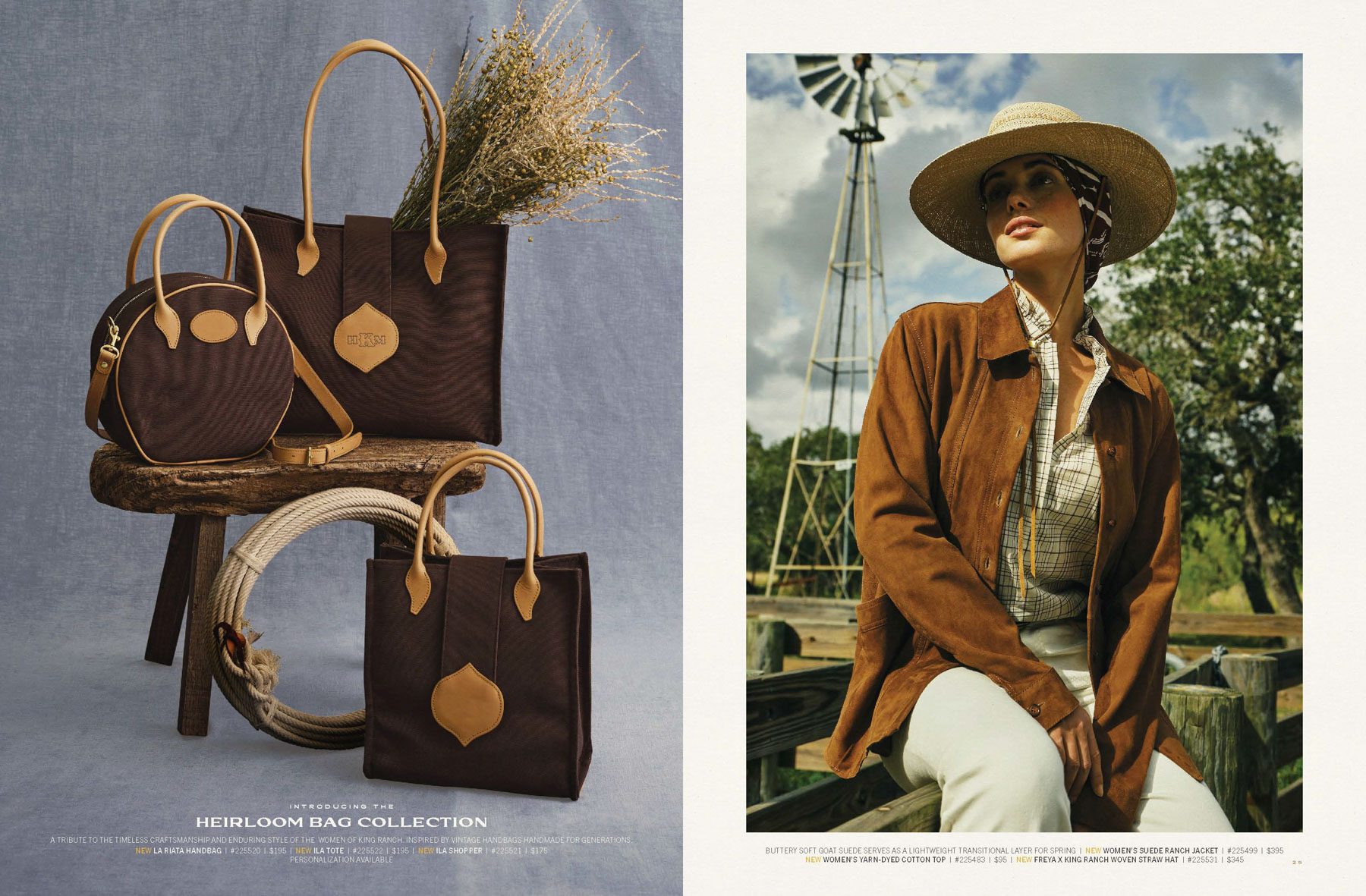 Two brown handbags and a backpack with tan handles from King Ranch Saddle Shop are displayed on wooden props with dried flowers. Beside them, a woman in a brown jacket, hat, and plaid shirt poses outdoors near a windmill.