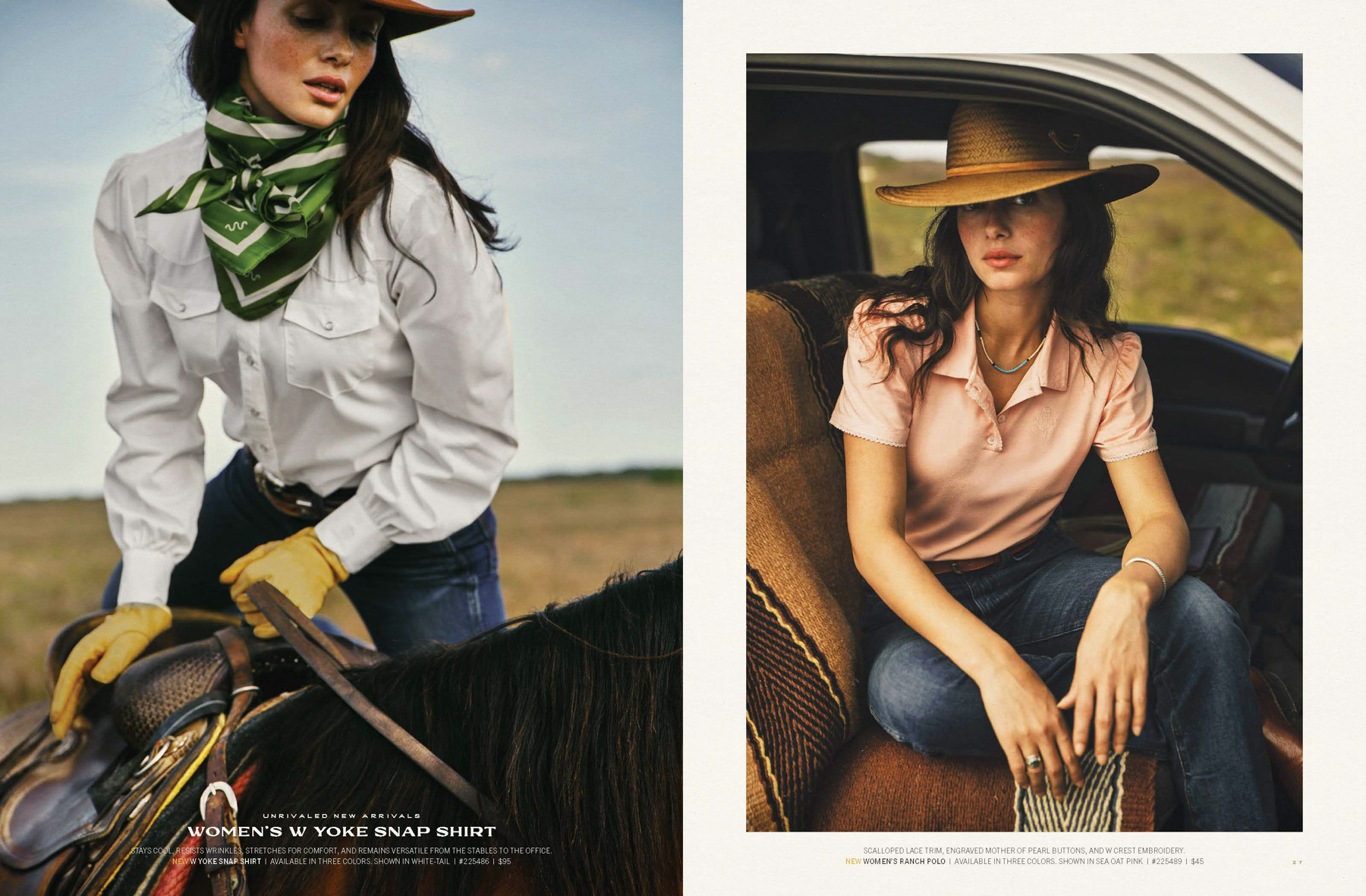 Two women in Western-style outfits—one riding a horse, the other in a truck seat—are captured by fashion photographer Travis Gillett against a ranch landscape, highlighting classic cowboy fashion with nods to outdoor pursuits like hunting.