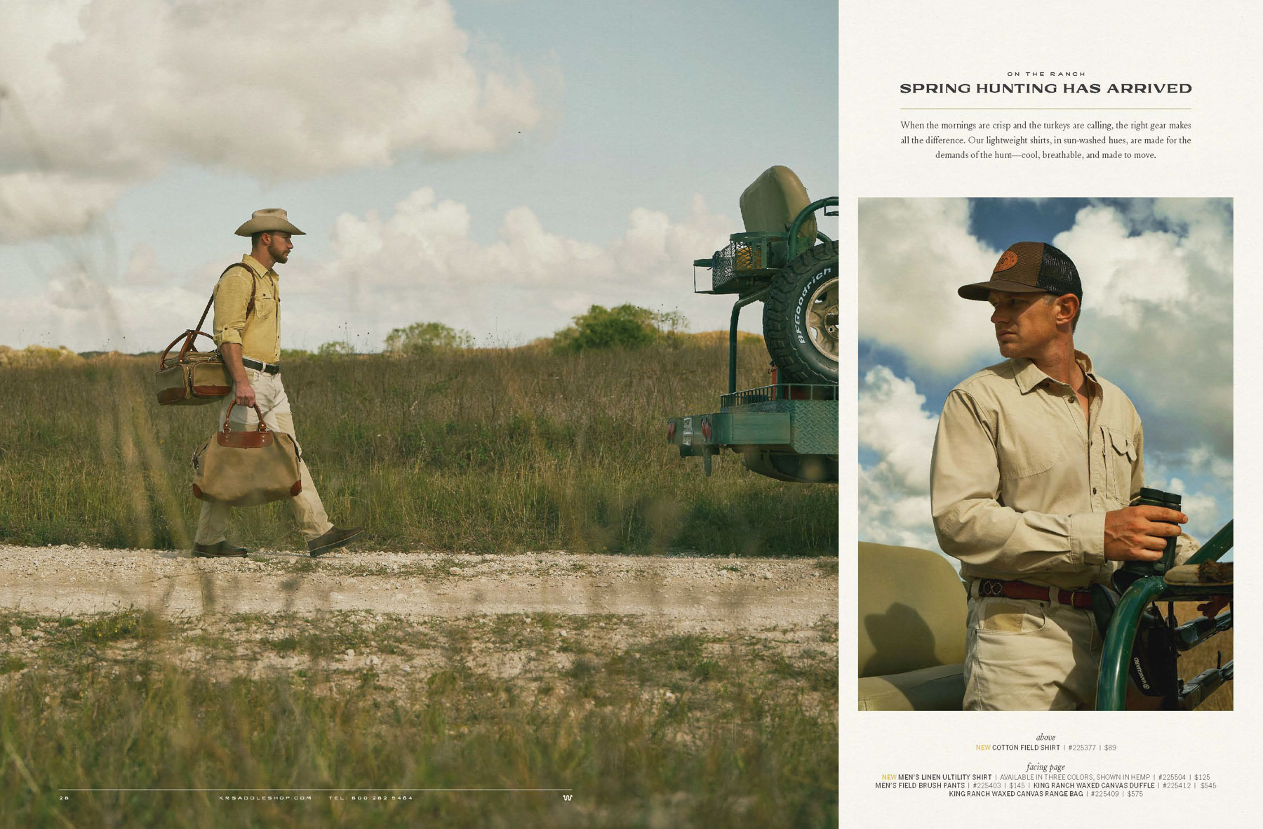 A man in outdoor attire carrying bags walks toward an off-road vehicle in a grassy Texas field. Another man in a cap stands beside the vehicle, holding a drink. The scene promotes spring hunting gear.