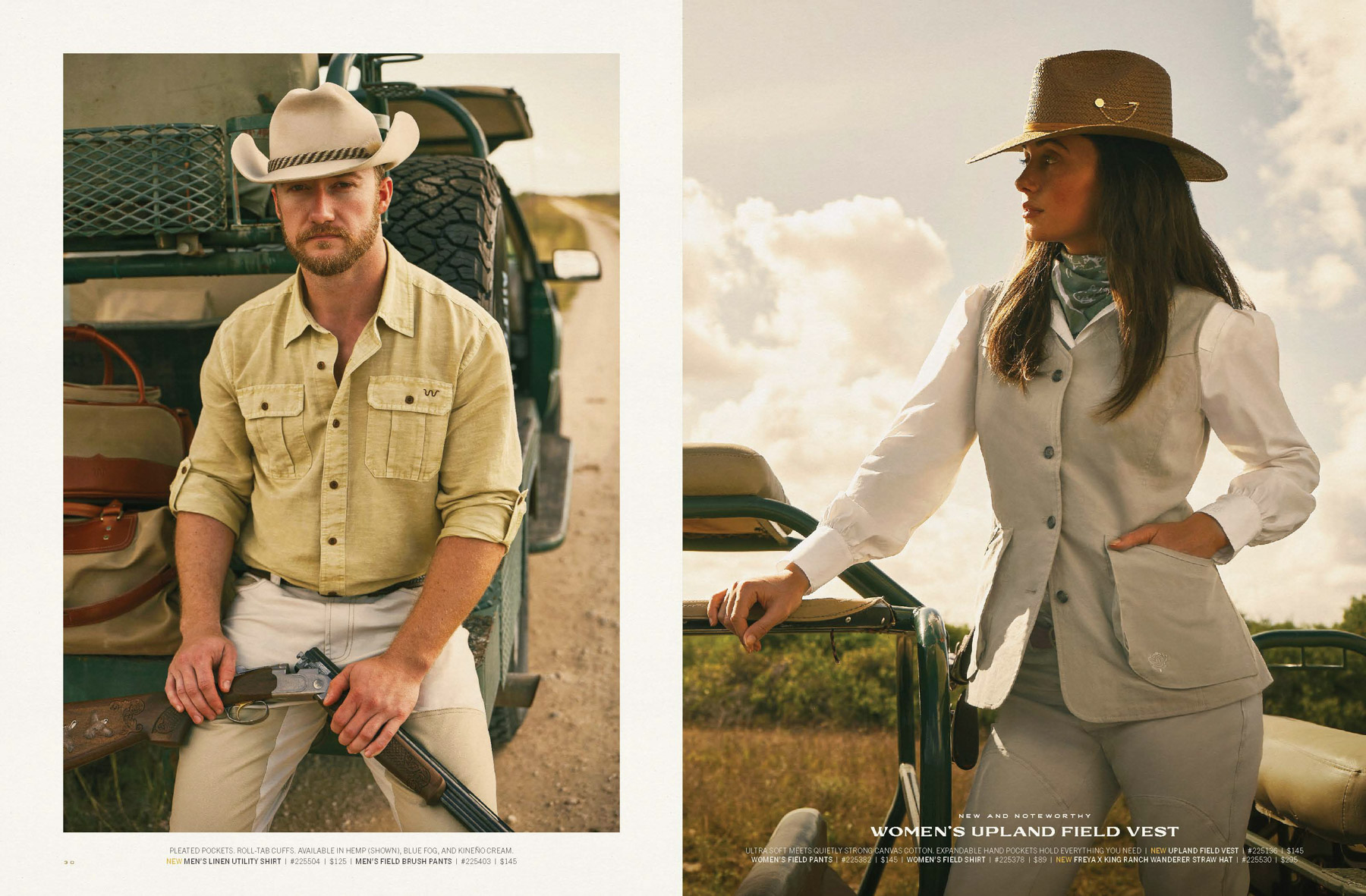 A man in a beige shirt and cowboy hat sits on a jeep, while a woman in King Ranch Saddle Shop hunting gear stands beside another jeep in an open field under a sunny sky.
