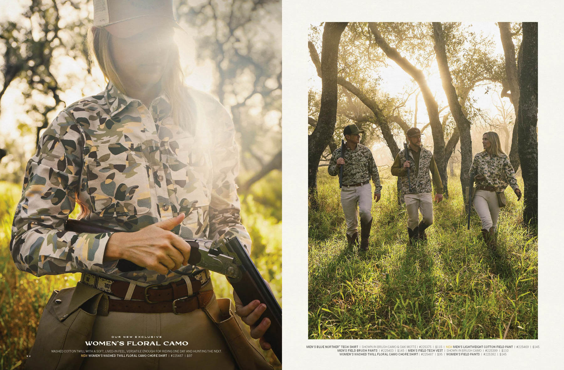 At sunrise, a woman in floral camouflage from King Ranch Saddle Shop loads her shotgun outdoors; nearby, three hunting companions in similar camo walk together through a sunlit grassy Texas forest.