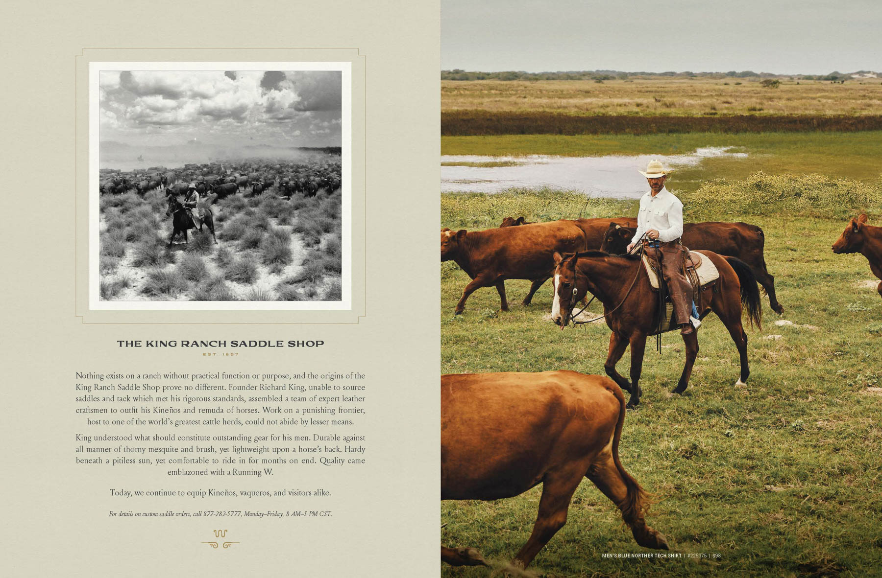 On the left, an old black-and-white photo shows a rancher on horseback among cattle. On the right, a modern color image by fashion photographer Travis Gillett captures a cowboy riding amid brown cattle, showcasing gear from King Ranch Saddle Shop.