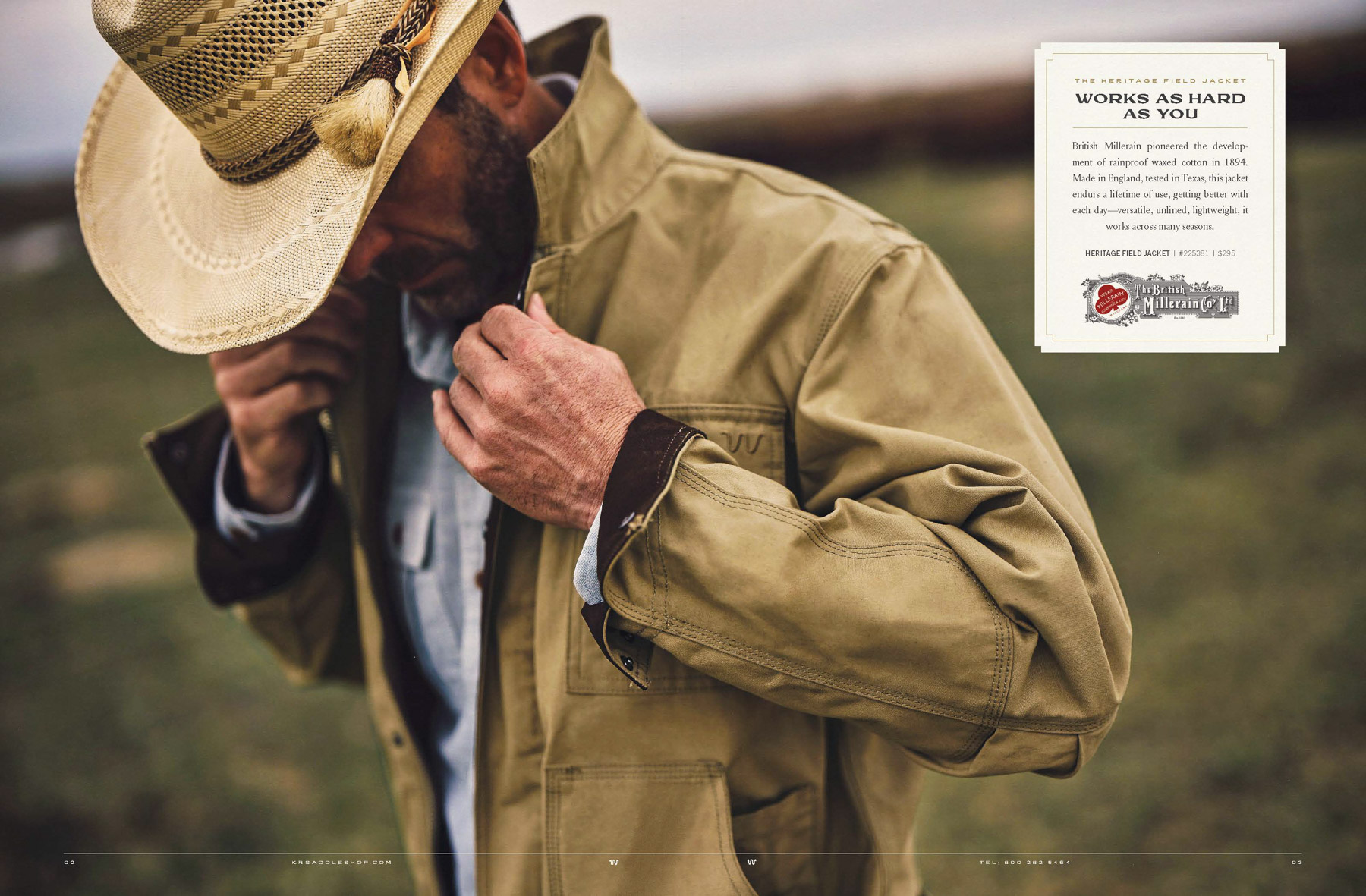 A man wearing a tan jacket and straw hat zips up his jacket outdoors, with a blurred green Texas field in the background and a small informational box in the upper right corner. His attire evokes classic hunting gear from King Ranch Saddle Shop.