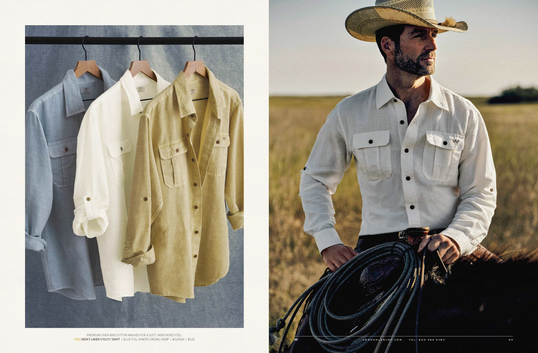 Three button-up shirts in pale blue, white, and light tan hang on wooden hangers. Next to them, Travis Gillett sits on a horse in a field wearing a white shirt and cowboy hat, ready for the day with his coiled rope and hunting gear.