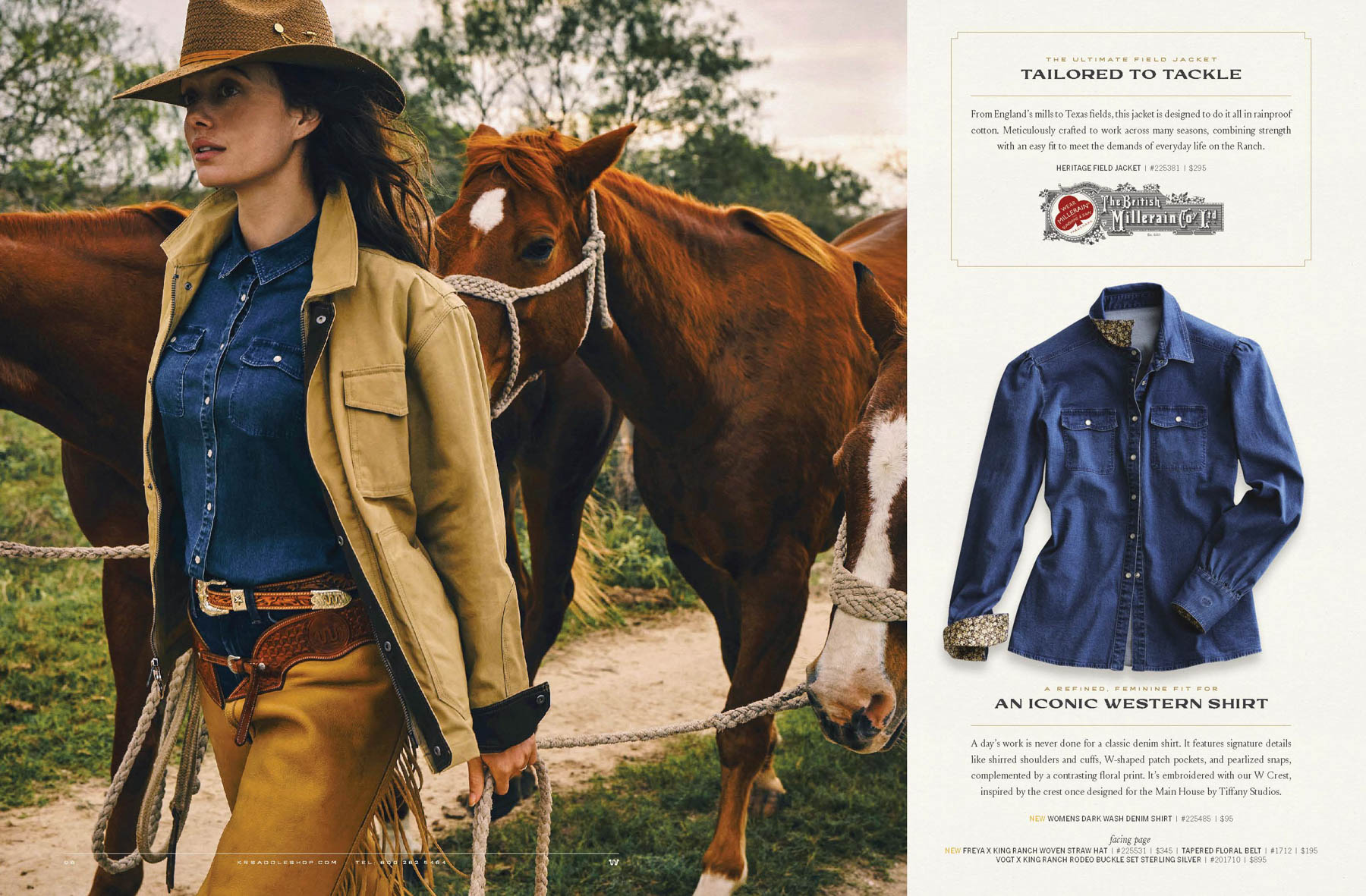 A woman in Western attire leads two brown horses with white markings. She wears a cowboy hat, tan jacket, denim shirt, and leather chaps—classic Texas style. On the right, a description and image showcase a blue denim Western shirt from King Ranch Saddle Shop.
