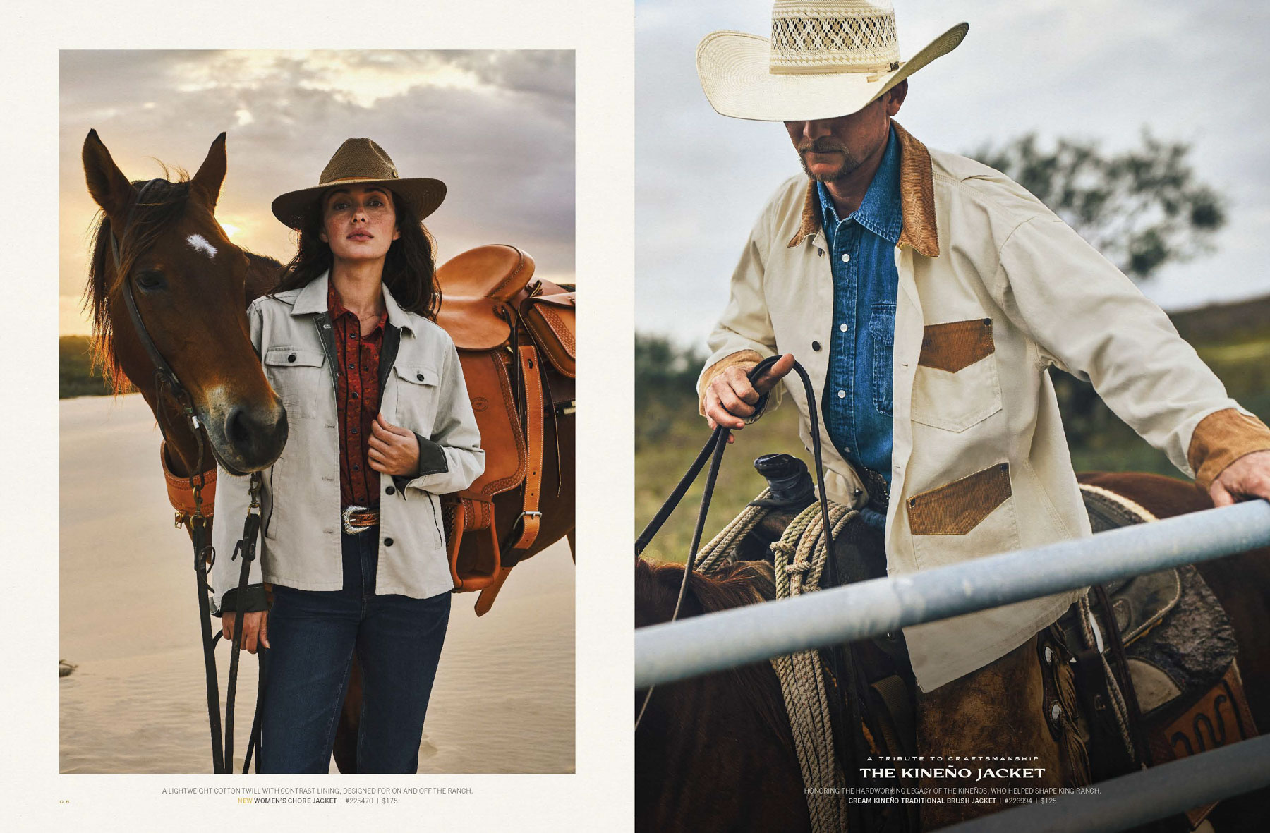 A woman in a hat stands beside a brown horse on the left, while a man in a cowboy hat and light jacket rides a horse on the right—both dressed in western-style clothing, capturing the Texas spirit near King Ranch Saddle Shop.