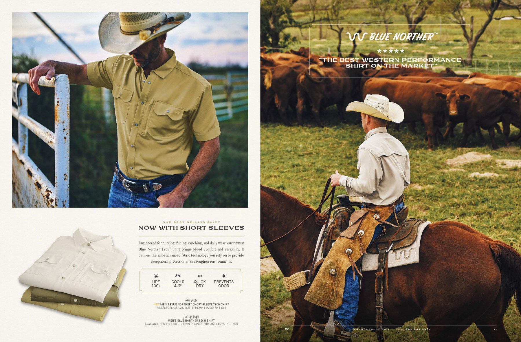 A man in a cowboy hat and short-sleeve shirt stands by a fence, while another rides a horse near cattle. Folded shirts are displayed, with text promoting Blue Norther western shirts—ideal for ranch life or as durable hunting gear.