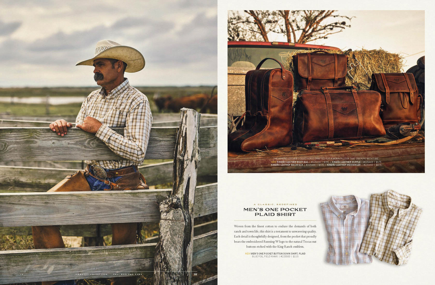 Fashion photographer Travis Gillett captures a cowboy in a hat leaning on a wooden fence, with leather boots and bags on a truck nearby, plus two plaid shirts below—showcasing classic western-style menswear perfect for hunting adventures.