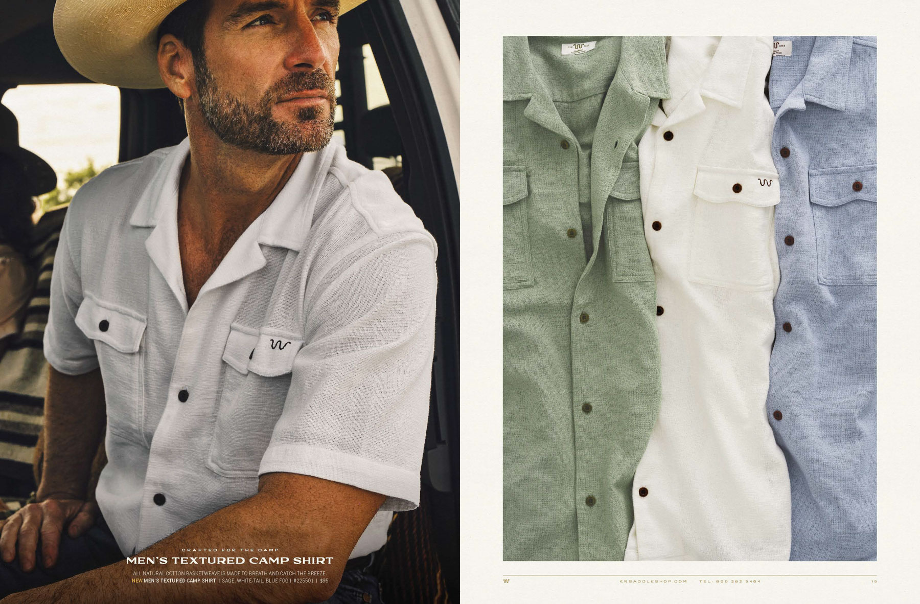 A man in a white textured short-sleeve camp shirt sits by a car. Next to him, three shirts of the same style from King Ranch Saddle Shop are displayed flat in green, white, and light blue colors.