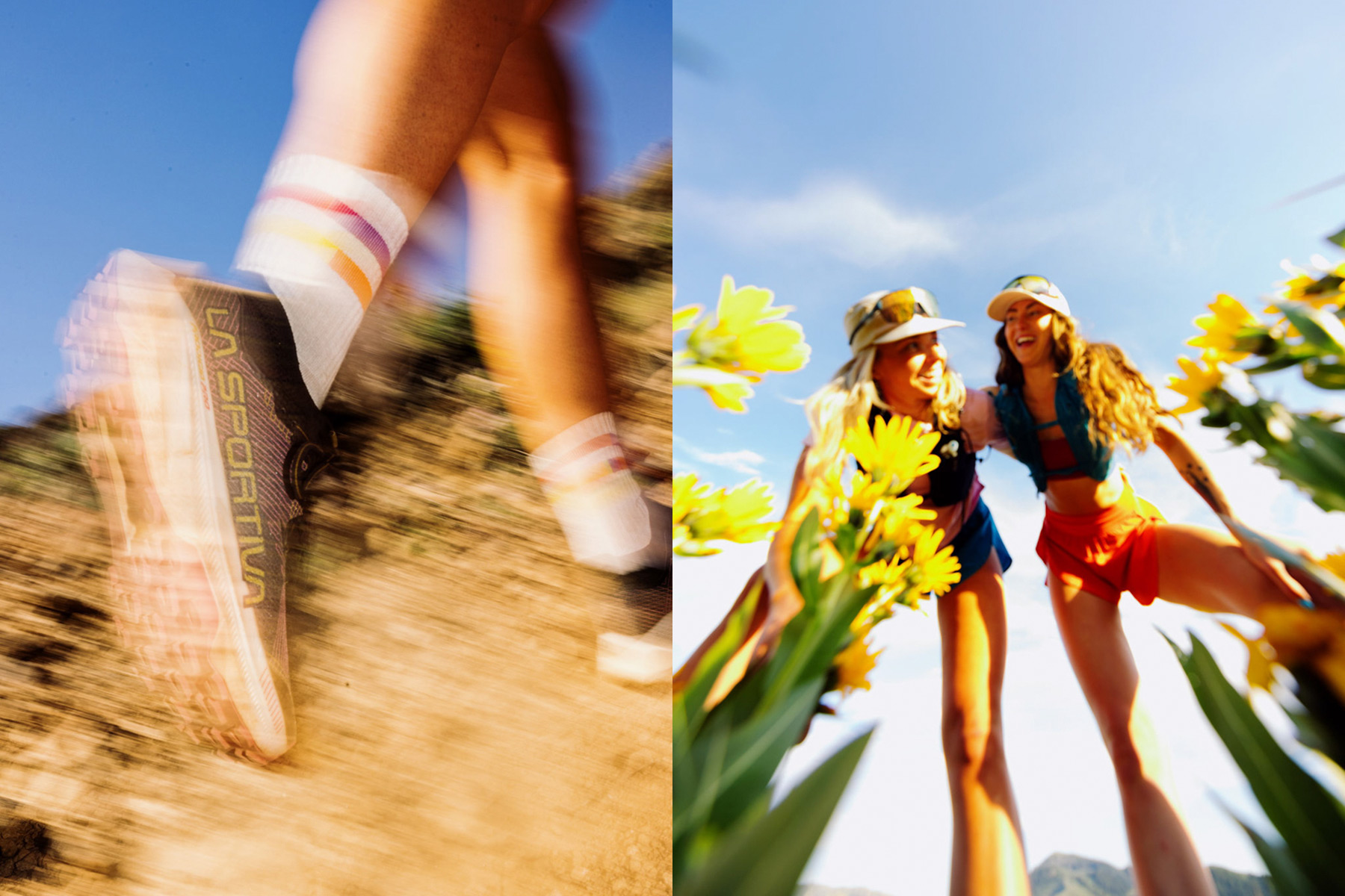 Split image: Left side shows a blurred close-up of a runner’s shoe on a dirt trail, capturing the essence of trail running. Right side features two smiling women in activewear and hats, standing among yellow wildflowers under a bright blue sky.