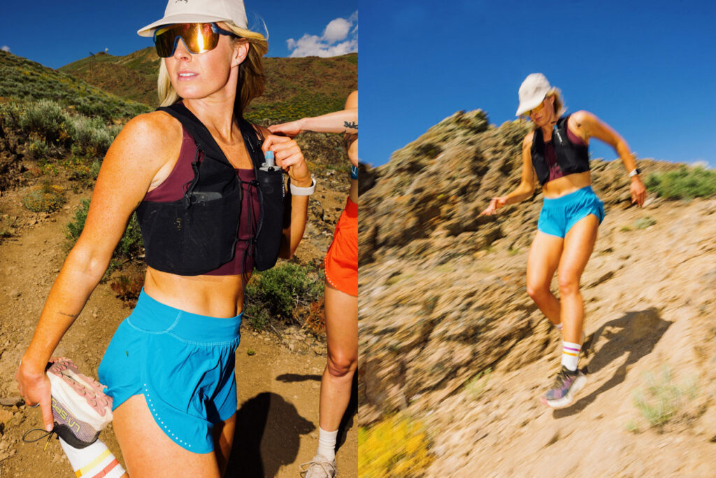 Split image: On the left, outdoors enthusiast Sofia Jaramillo stretches on a rocky trail. On the right, she embraces adventure as she jogs downhill with blurred motion beneath a clear blue sky.