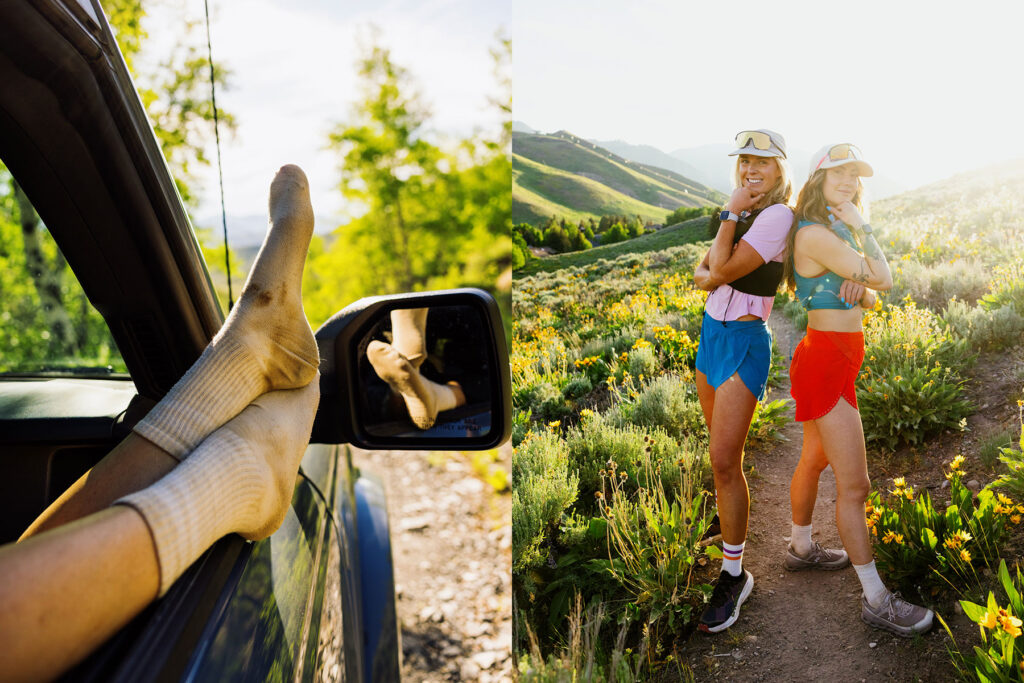 Two photos: Left, a person’s socked feet rest out a car window, enjoying an outdoors mountain view. Right, two women in athletic clothes stand smiling on a sunlit trail, ready for trail running amid greenery and wildflowers.