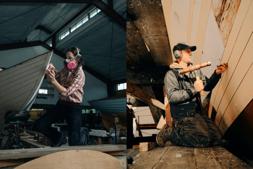A split image shows a woman in a pink respirator mask working on a boat with a tool on the left, and Travis Gillett in ear protection using a mallet and chisel on a wooden boat on the right. Both are hard at work in a Seattle ship yard workshop.