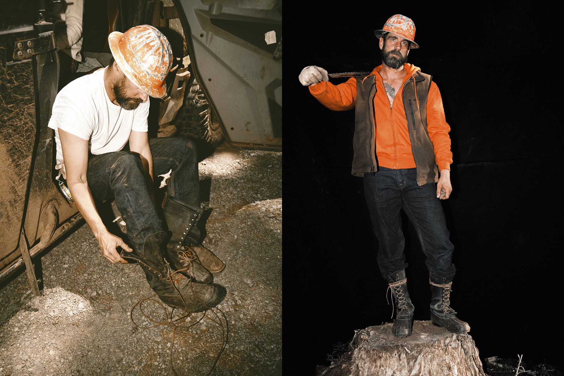 Seattle commercial photographer Travis Gillett captures a bearded man in an orange hard hat tying his boots and confidently holding a tool, both set in industrial or rugged settings.
