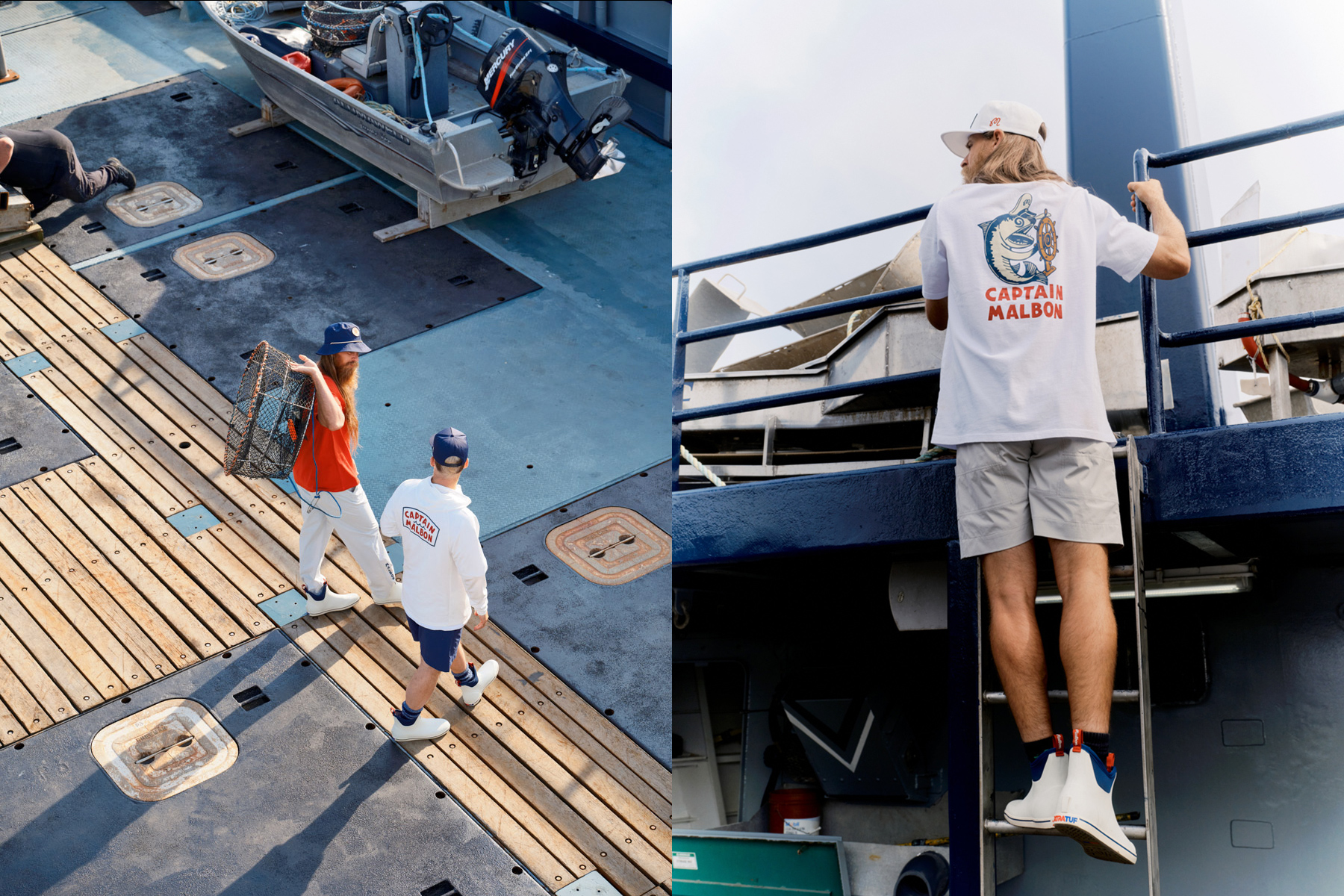 Two men walk on a boat deck, one carrying a crab trap. On the right, one man climbs a metal ladder. Both wear casual clothes from Malbon Golf; one shirt has a cartoon captain and the words Captain Malbon on the back.