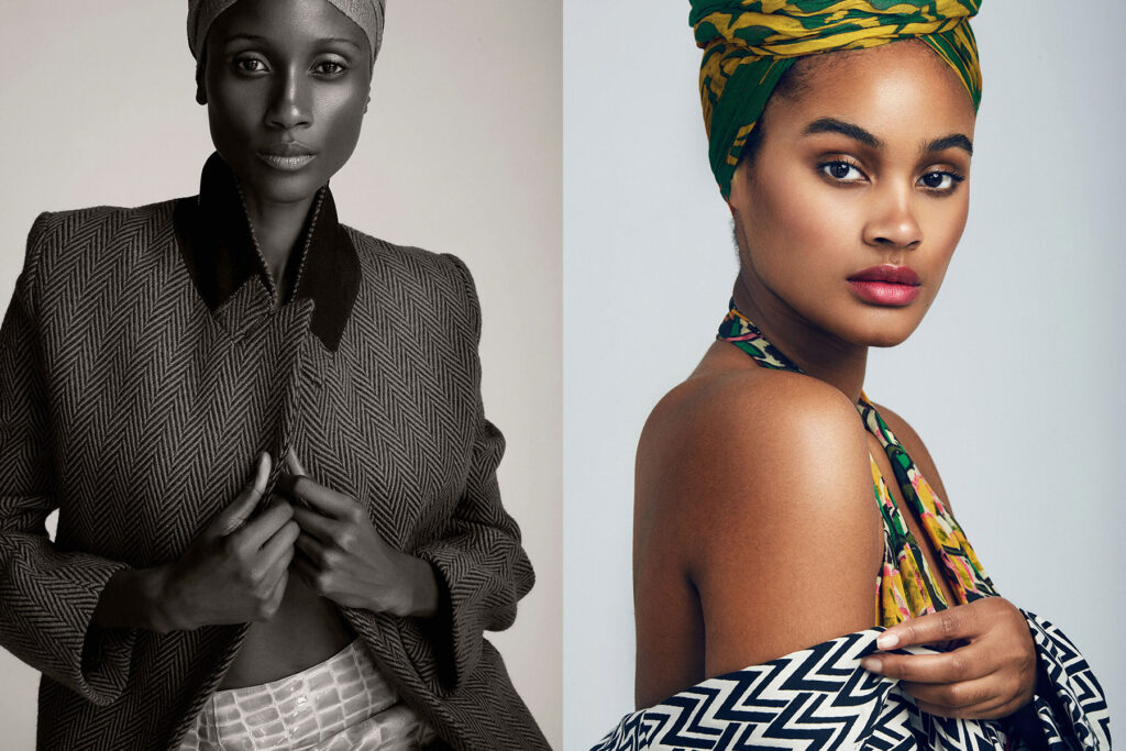 Side-by-side portraits of two women. The left image is black and white, showing a woman in a patterned jacket, hands on lapels. The right image is in color, showing a woman in a patterned headwrap and off-shoulder top.