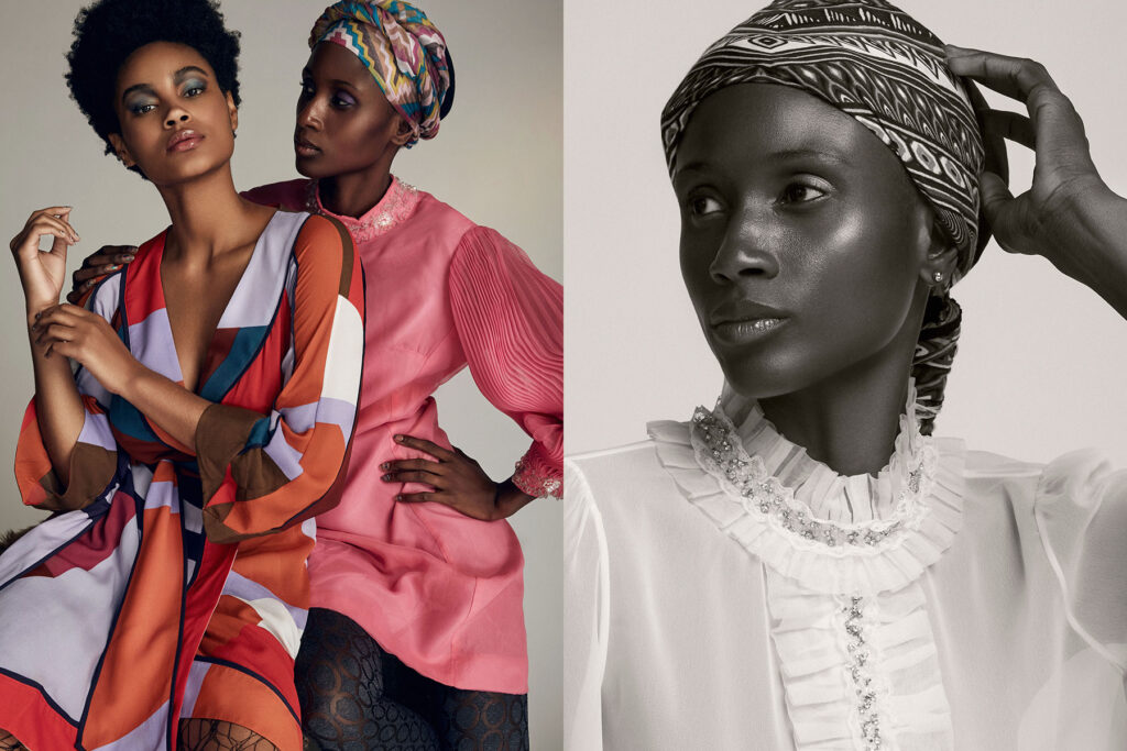 Two stylish women pose together; one wears a colorful geometric dress while the other wears a pink outfit and headscarf. On the right, a woman in a patterned headscarf and ruffled white blouse looks thoughtful in a black-and-white portrait.