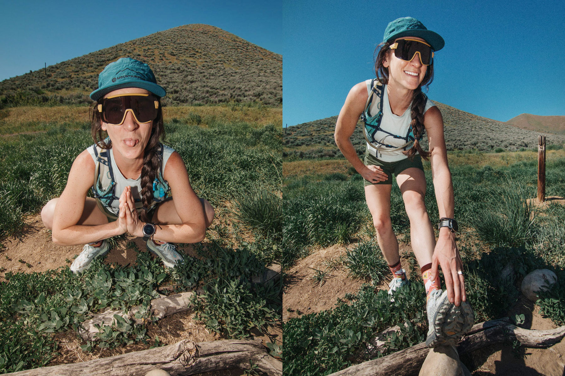 Split image of a woman outdoors: on the left, she squats with hands together, smiling; on the right, she stretches her leg on a rock. She wears sunglasses, a blue cap, and athletic gear, with hills and blue sky behind her.