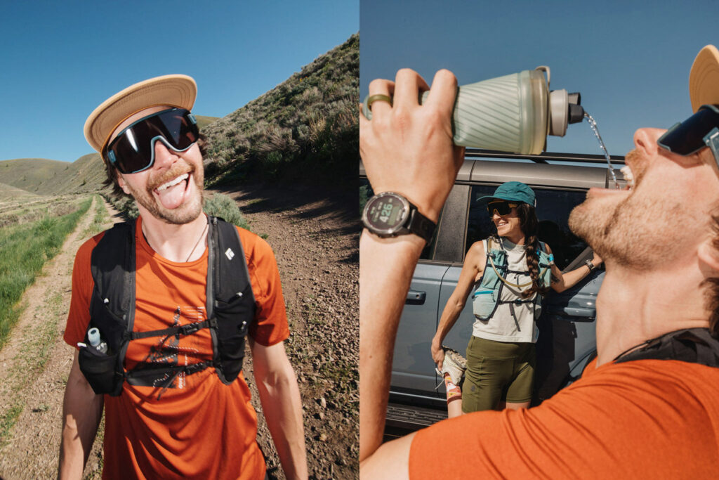 A runner in sports sunglasses and an orange shirt smiling on a trail during an epic running in Idaho. Right side shows him drinking from a water bottle, while a woman in outdoor gear stands by a Ford Bronco in the background.