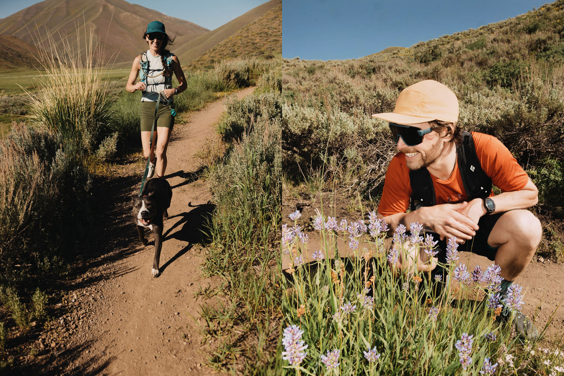 A woman runs on a dirt trail with a black and white dog in a hilly landscape, while a man in an orange shirt crouches by purple wildflowers, both under a clear blue sky.