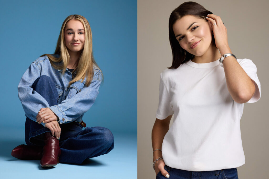 Split image: On the left, a young woman with long blonde hair wears a denim jacket and jeans, sitting cross-legged against a blue background. On the right, a woman with dark hair in a white t-shirt smiles, touching her hair, against a beige background.