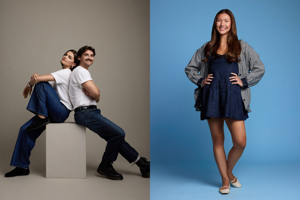 On the left, a woman and man sit back to back on a block, both smiling and dressed in casual jeans and white tops. On the right, a woman stands smiling in a blue dress and checked jacket against a blue background.