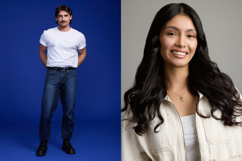 A split image: on the left, a man with a mustache in a white t-shirt and jeans stands against a blue background; on the right, a woman with long dark hair smiles, wearing a light jacket over a white top against a gray background.