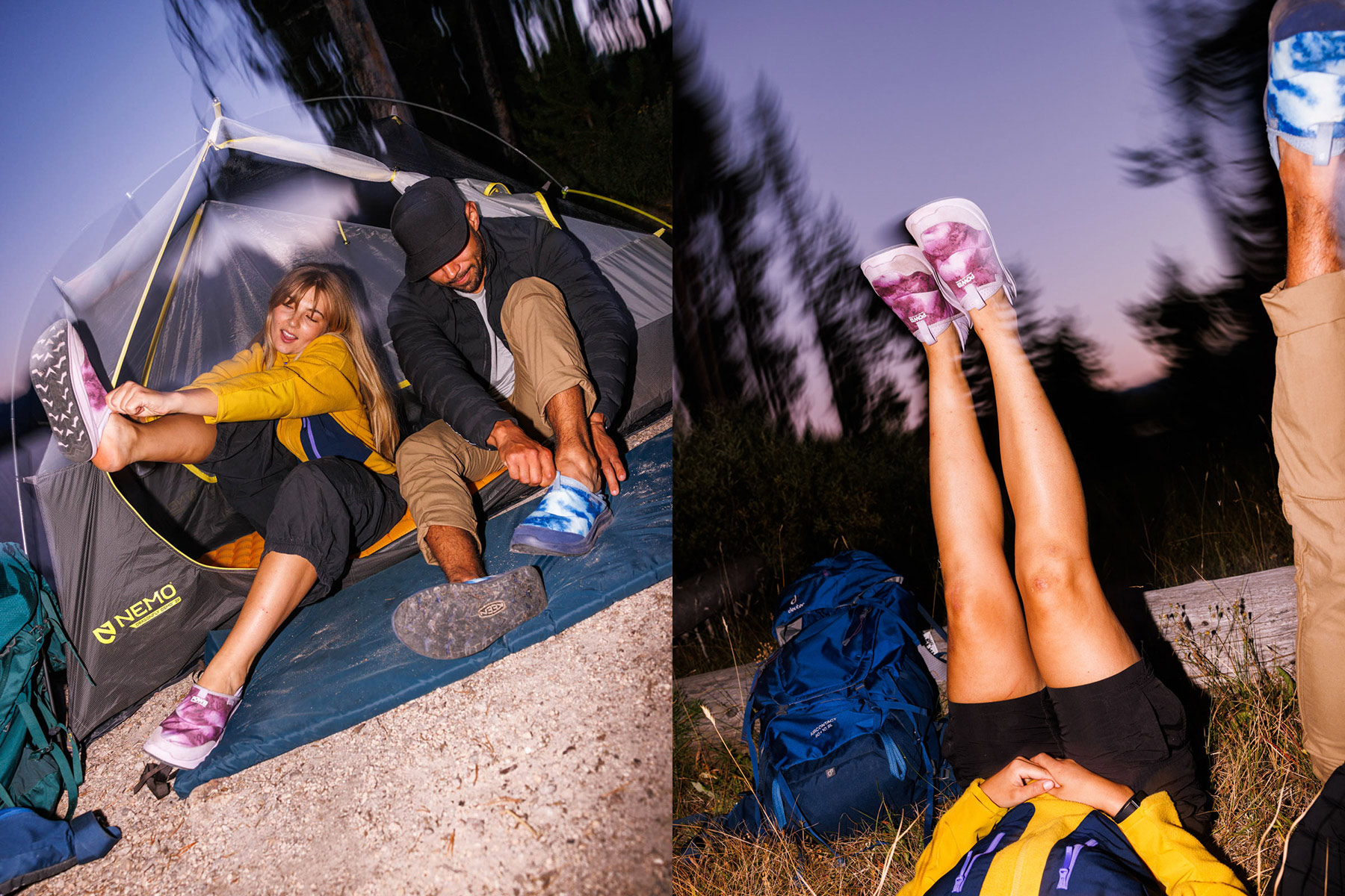 Two people sit outside a tent putting on colorful slip-on footwear; on the right, one person lies on the ground with legs raised, showing off the shoes against a backdrop of trees at dusk, perfectly capturing an outdoor moment.