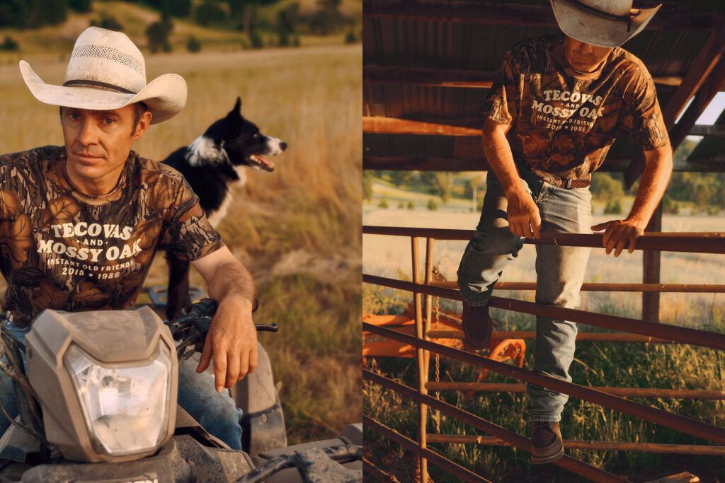 A man in a cowboy hat and camouflage T-shirt sits on an ATV beside a black and white dog in a field, and in a second image, climbs a metal gate in a rustic farm setting.