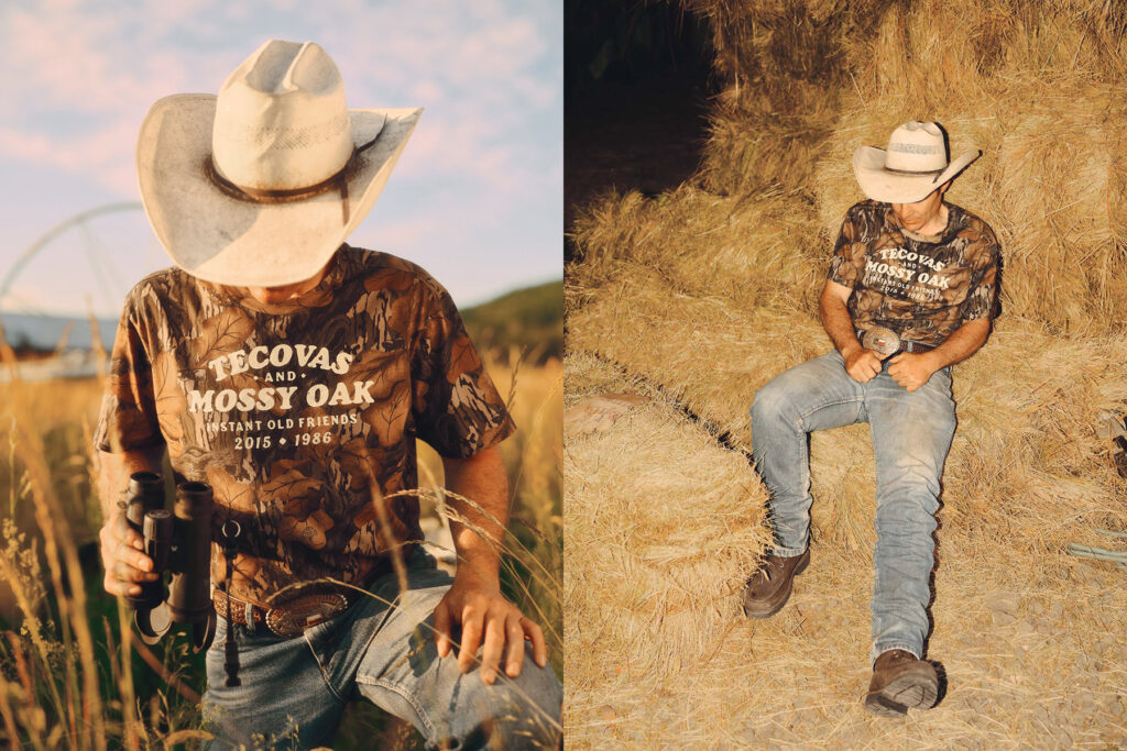 A man wearing a cowboy hat, camouflage-print Tecovas and Mossy Oak shirt, jeans, and boots is outdoors in tall grass on the left and sitting on hay bales in a barn on the right. His head is tilted down in both images.
