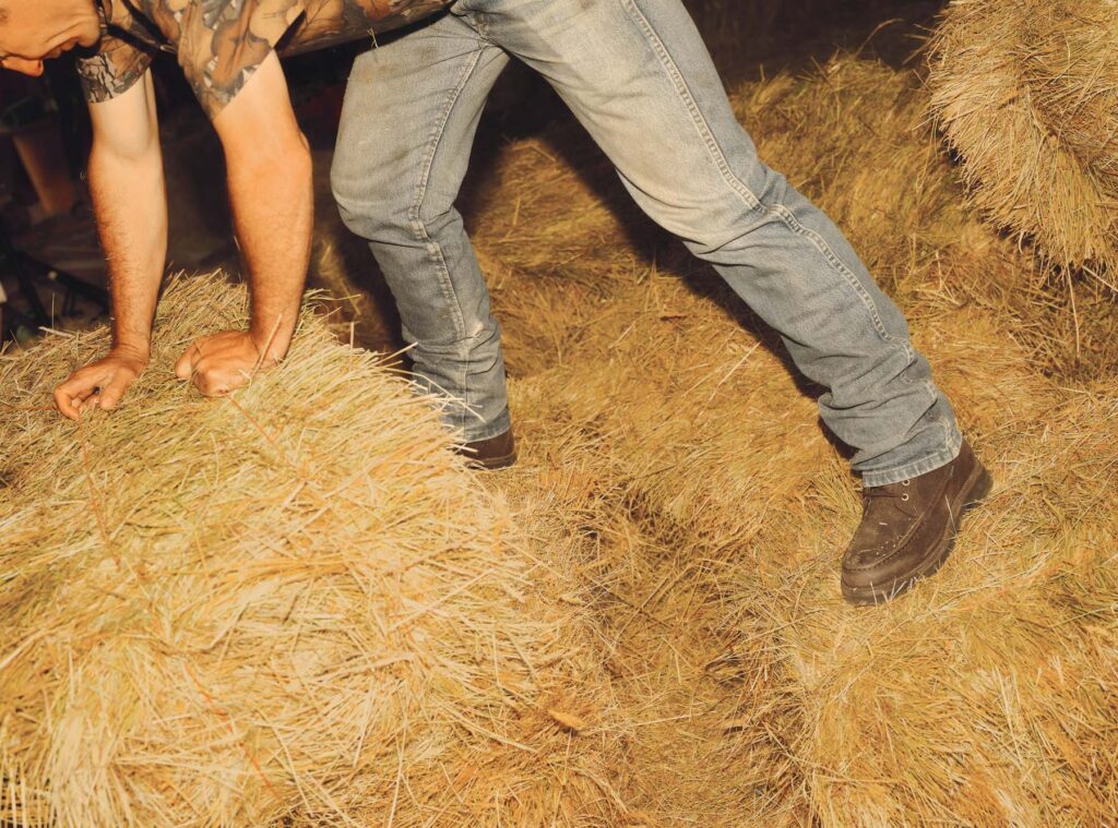 A person wearing jeans, a camouflage shirt, and black boots is bending over while handling hay bales in a barn or field, with only their lower body and arms visible.