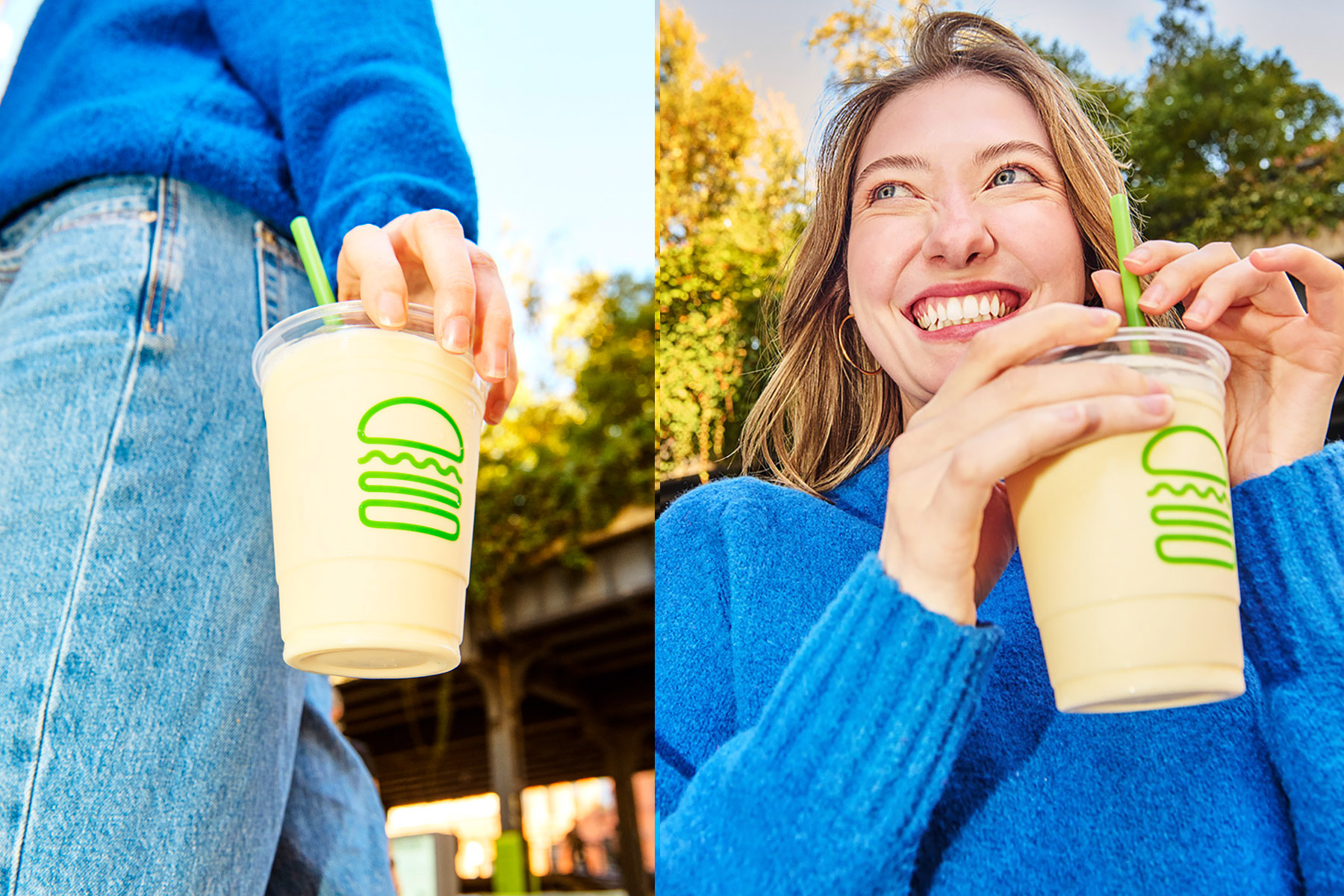 Split image: Left side shows a person holding a yellow milkshake in a clear cup with a green logo, wearing blue jeans and sweater. Right side shows a smiling woman in blue, drinking the shake outdoors.