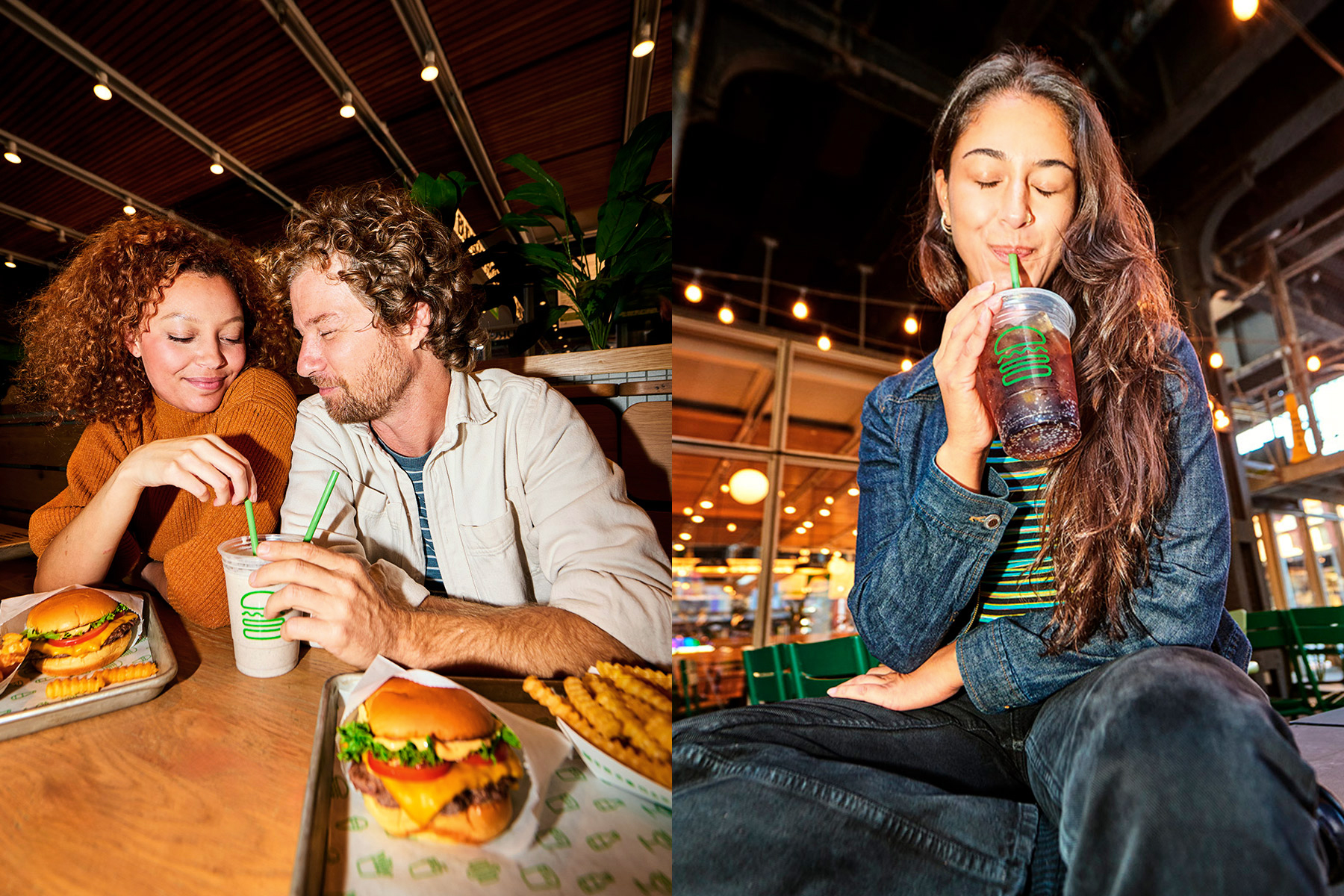 Two people share burgers, fries, and drinks at a restaurant booth, while a woman sits alone, eyes closed and smiling, sipping a drink. Both scenes are brightly lit and casual, with a relaxed, cheerful vibe.