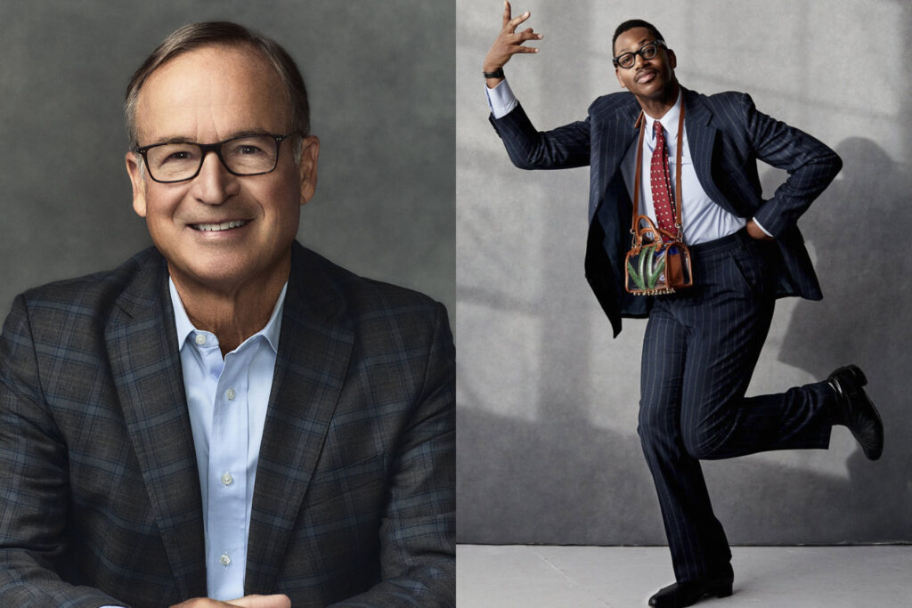A split image: on the left, a smiling older man in glasses, a checked suit jacket, and a light blue shirt; on the right, a young man in a pinstripe suit strikes a playful pose against a gray backdrop.