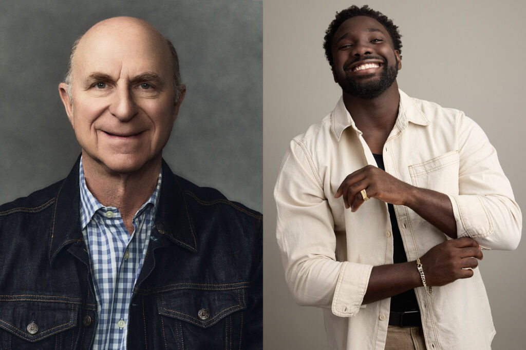 A split image featuring an older man in a denim jacket and plaid shirt on the left, smiling softly, and a younger man in a light button-up shirt on the right, smiling broadly with his hand raised.