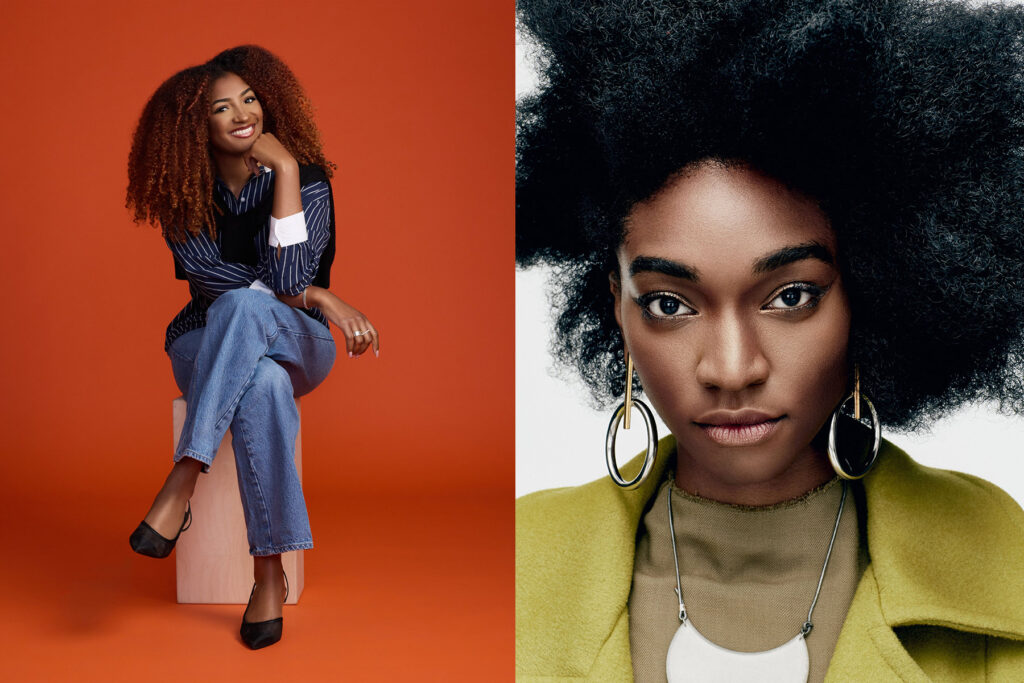 Two portraits of women with natural hair: on the left, a woman sits smiling against an orange background; on the right, a woman poses with a serious expression against a white background, wearing large earrings and a green coat.