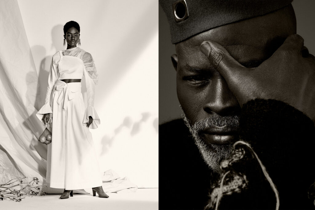 On the left, a woman in a long white dress with dramatic sleeves stands confidently, holding a small bag. On the right, a close-up of a man in a textured hat covers part of his face with his hand, looking thoughtful.