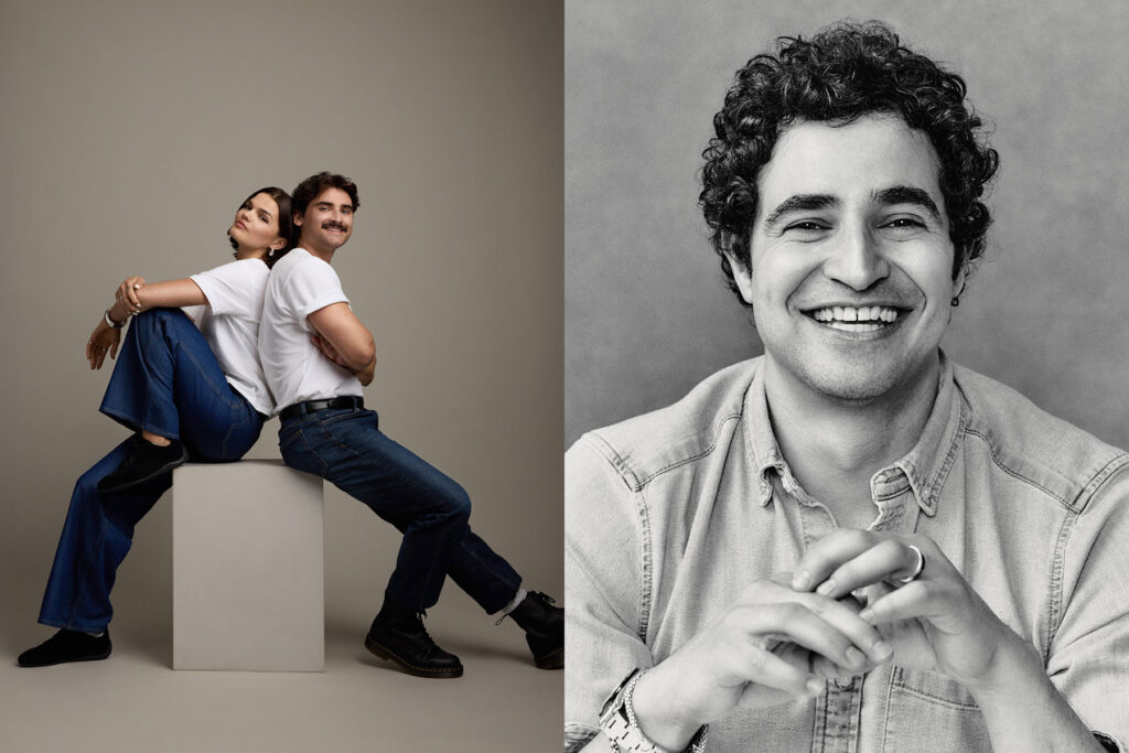 A split image: On the left, a woman and man sit back-to-back on a white cube, both in white shirts and jeans, smiling. On the right, a man with curly hair smiles at the camera in a grayscale portrait.