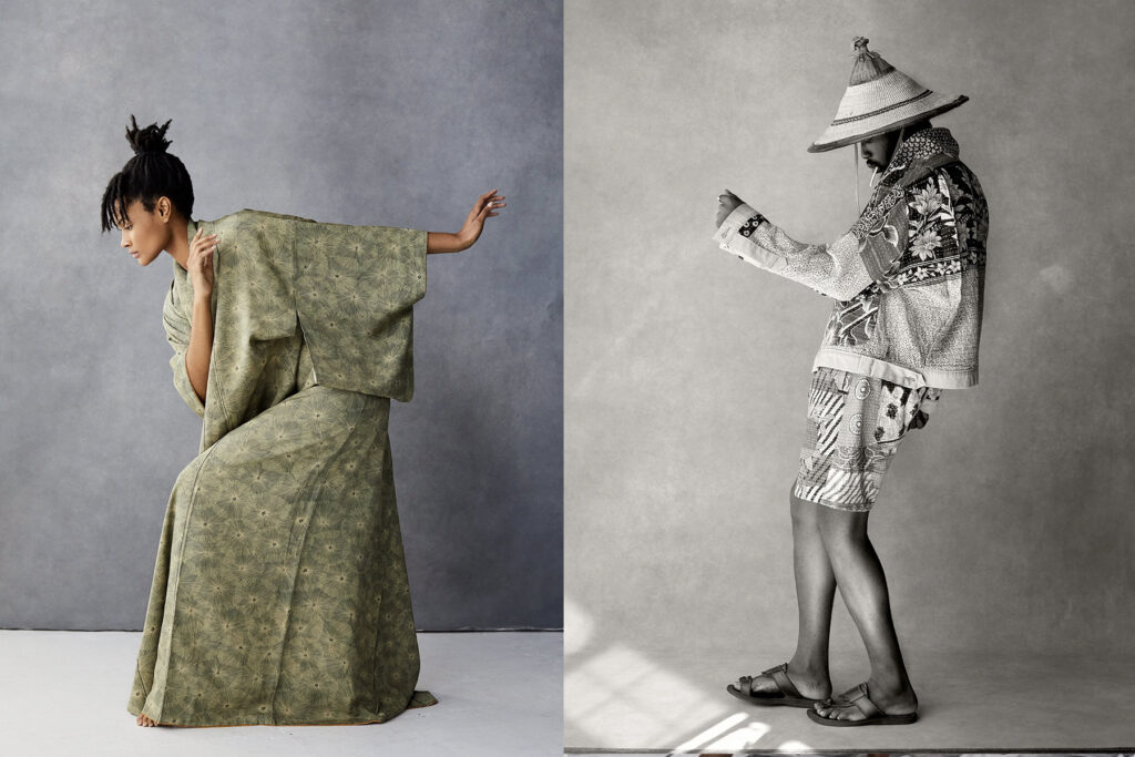 On the left, a person in a patterned green robe poses with bent arms and knees. On the right, a person in patterned shorts, jacket, and a woven hat stands looking down, striking a pose against a plain background.