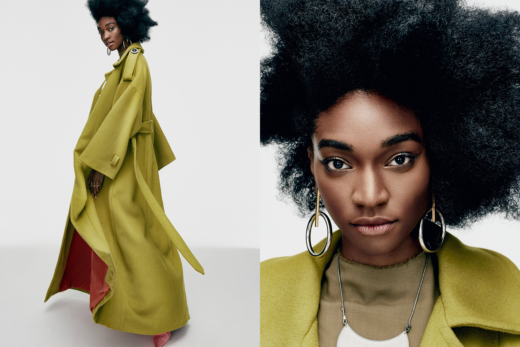 A woman with natural curly hair wears a long, bright yellow-green coat with a pink lining and large earrings. The left side shows her full body, and the right side is a close-up of her face and upper coat.