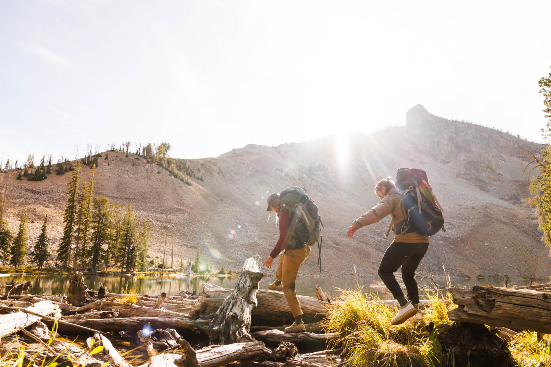 Two people with backpacks hike across fallen logs in a sunlit forest near a lake, with a rocky mountain rising in the background and sunlight streaming through the scene.