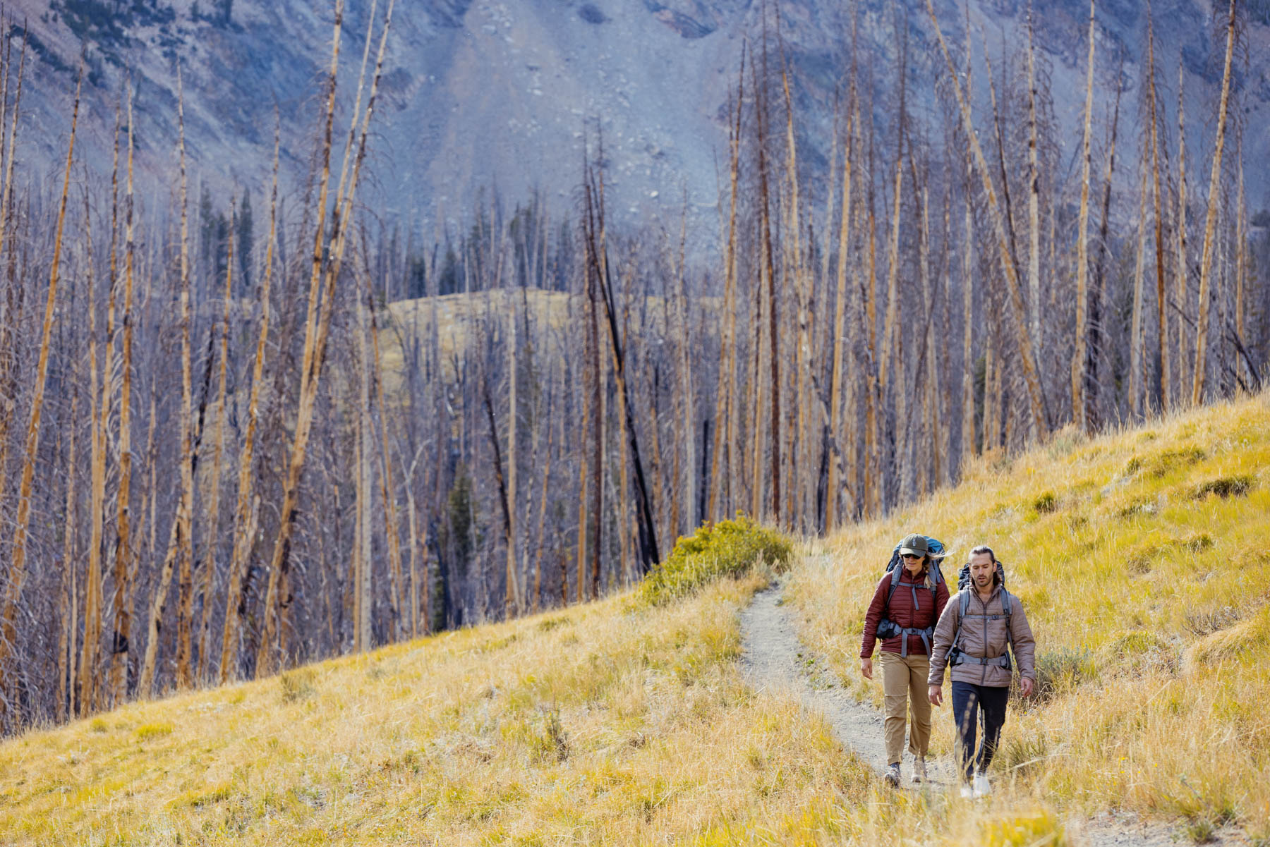 Two people wearing backpacks hike along a narrow trail through a grassy area with tall, sparse, leafless trees and mountains in the background.