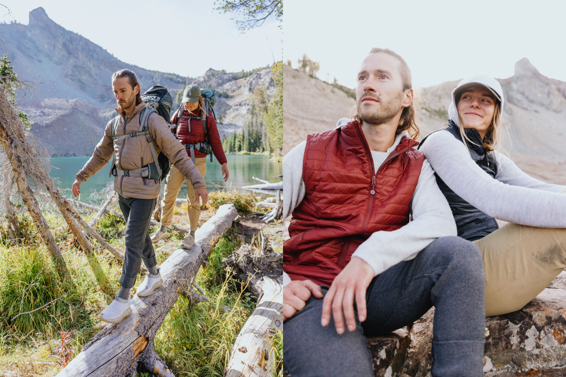 Two people hike in the mountains near a lake, carrying backpacks, on the left. On the right, they sit and rest together on rocks, wearing outdoor clothing and looking relaxed against a scenic mountain backdrop.