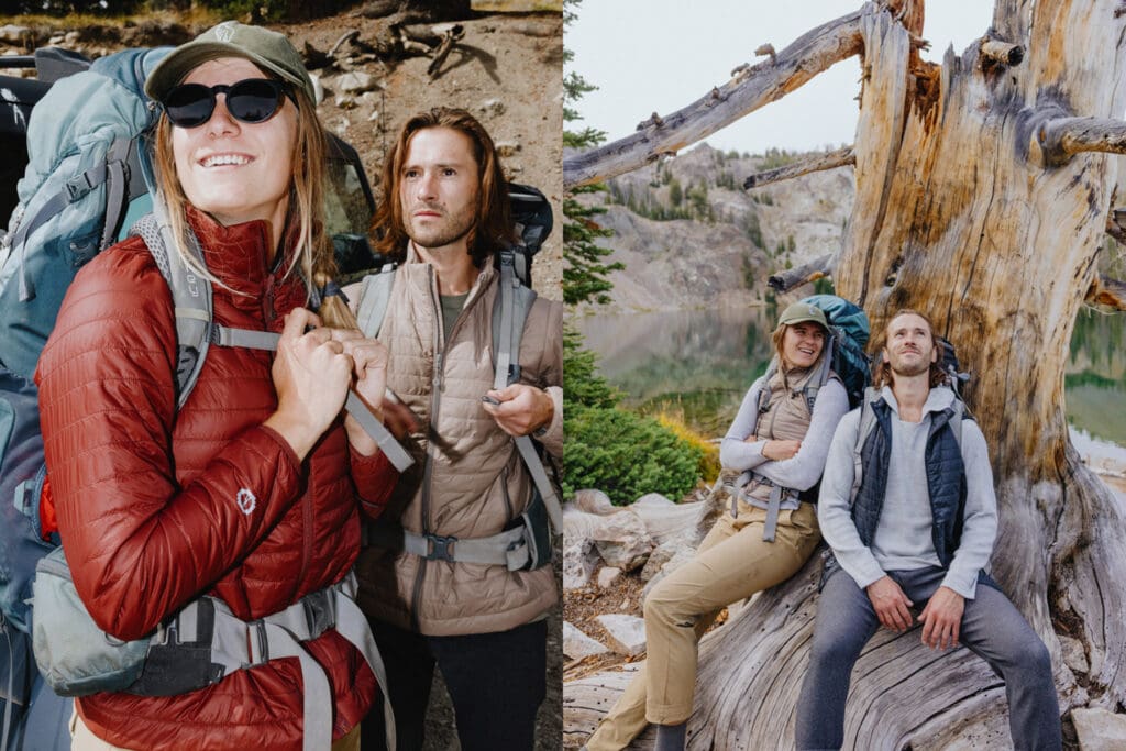 Two hikers with backpacks pose together in a forest. In one image, they look upward smiling; in the other, they sit relaxed against a large tree with mountains and a lake in the background.
