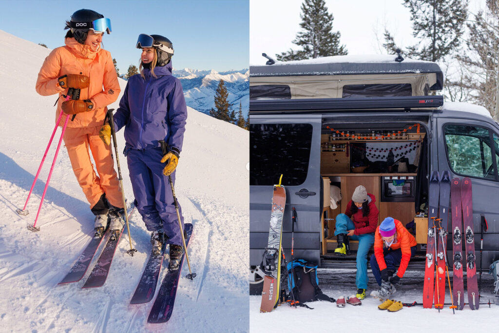 Split image: On the left, two people in colorful ski suits smile on a snowy slope. On the right, two people sit next to a camper van, putting on ski boots, with several skis propped against the van in a snowy setting.